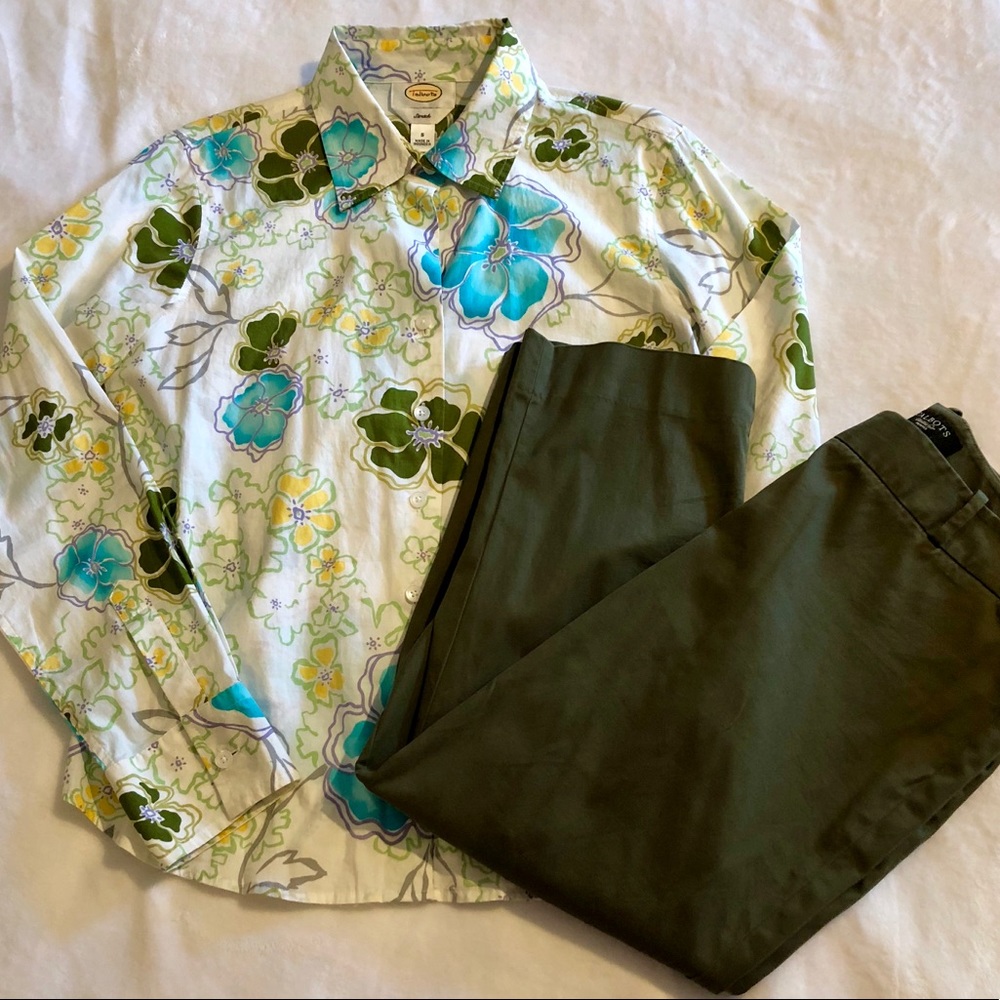 Talbots White, blue, & green long sleeve shirt
